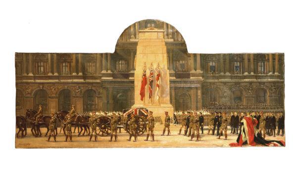 "The Passing of the Unknown Warrior, King George V as Chief Mourner, Whitehall, 11 November 1920," 1920, by Frank O. Salisbury. Oil on canvas; 28 1/3 inches by 58 1/4 inches. (Royal Collection Trust/Her Majesty Queen Elizabeth II 2020)