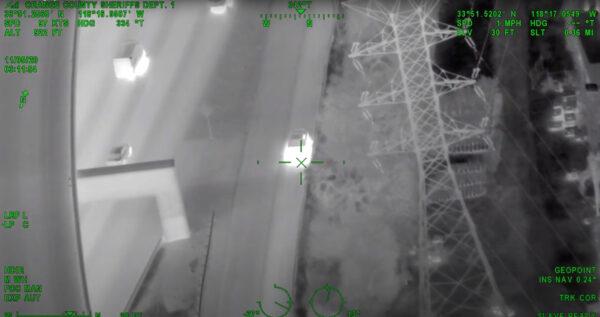 A screenshot shows the view from an Orange County Sheriff's Department helicopter camera as it pursues fleeing suspects accused of burglary in Orange County, Calif., on Nov. 5, 2020. (Screenshot/YouTube/Orange County Sheriff's Department)