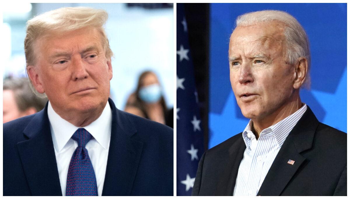 President Donald Trump (L) visits his campaign headquarters in Arlington, Va., on Nov. 3, 2020. (Saul Loeb/AFP via Getty Images); Democratic presidential nominee Joe Biden (R) speaks in Wilmington, Del., on Nov. 5, 2020. (Carolyn Kaster/AP Photo)