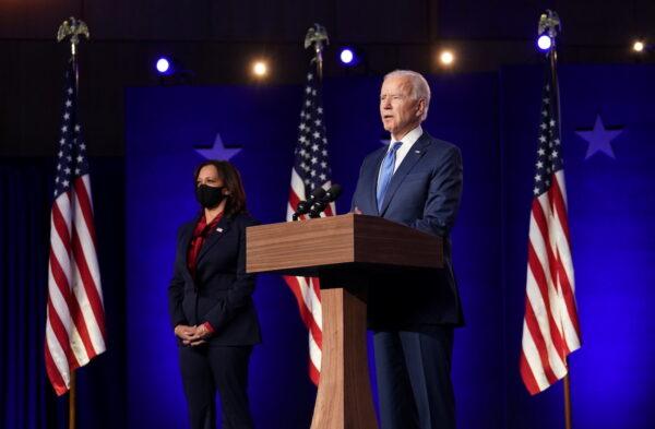 Democratic presidential nominee Joe Biden speaks about election results next to vice presidential nominee Kamala Harris in Wilmington, Delaware, on Nov. 6, 2020. (Kevin Lamarque/Reuters)