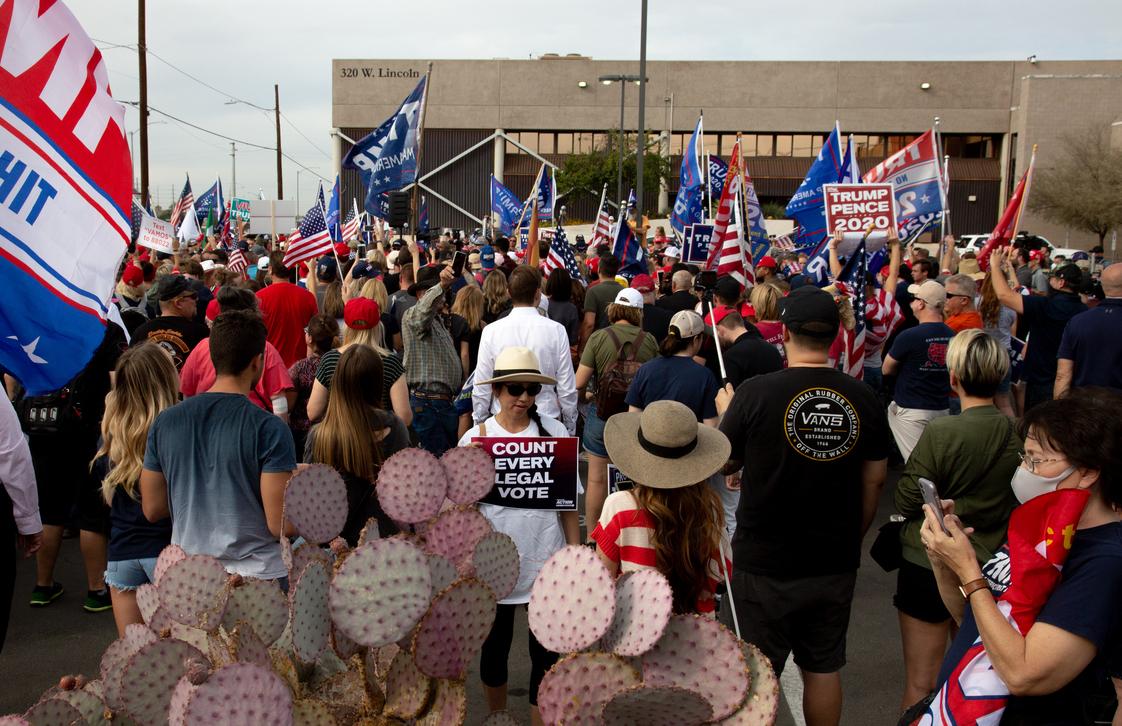 Supporters of President Donald Trump gather at the Maricopa County Elections Department office in Phoenix, Ariz., on Nov. 6, 2020. (Courtney Pedroza/Getty Images)