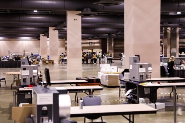 The ballot counting room inside the Pennsylvania Convention Center in Philadelphia, Pa., on Nov. 6, 2020. (Charlotte Cuthbertson/The Epoch Times)
