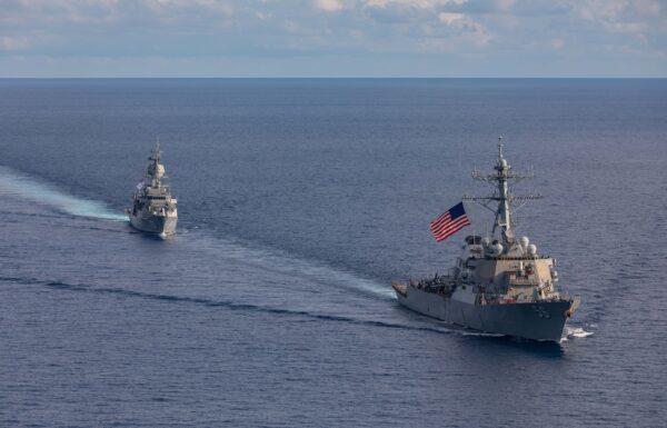 HMAS Ballarat and USS John S. McCain sailing in the Indian Ocean en route to participate in Exercise Malabar 2020. (LSIS Shane Cameron via ADF)