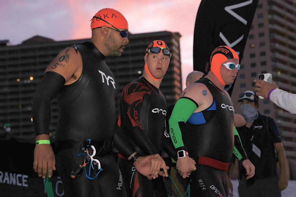 Chris Nikic starts the swim portion of IRONMAN Florida on Nov. 7, 2020, in Panama City Beach, Florida. (Michael Reaves/Getty Images)