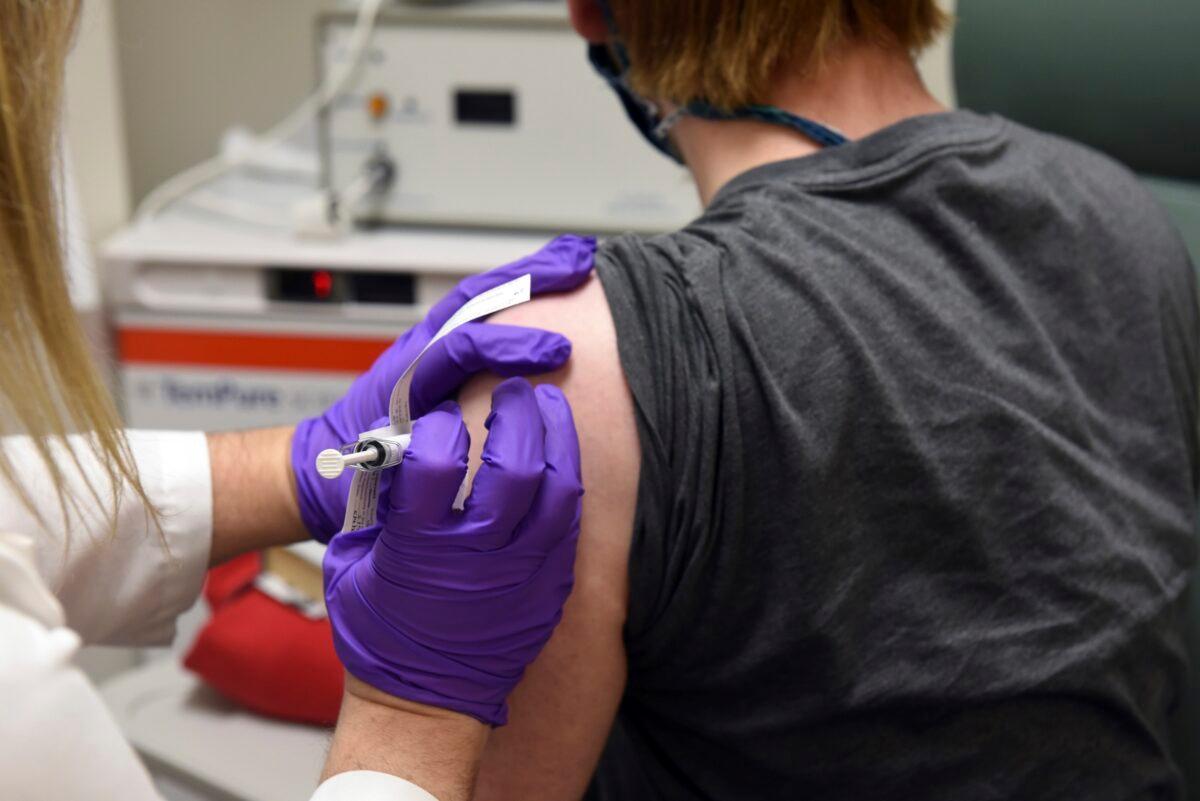  A patient receiving Pfizer's COVID-19 vaccine at the University of Maryland School of Medicine in Baltimore, Md., on May 4, 2020. (Courtesy of University of Maryland School of Medicine via AP)