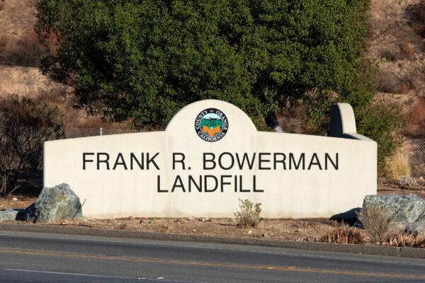 A sign shows the entrance to the Frank R. Bowerman Landfill in Irvine, Calif., on Nov. 9, 2020. (John Fredricks/The Epoch Times)