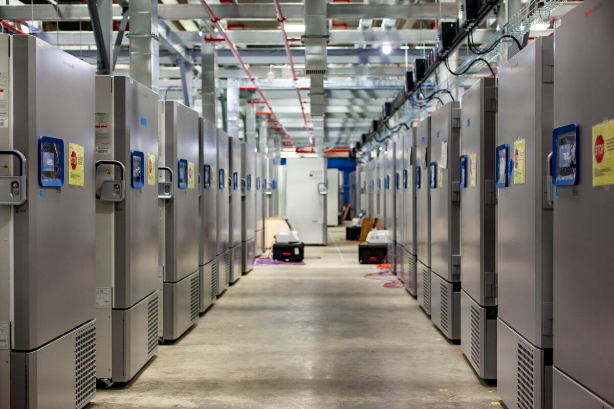 Part of a "freezer farm," a football field-sized facility for storing finished COVID-19 vaccines, under construction in Kalamazoo, Mich., in October 2020. (Jeremy Davidson/Pfizer via AP)