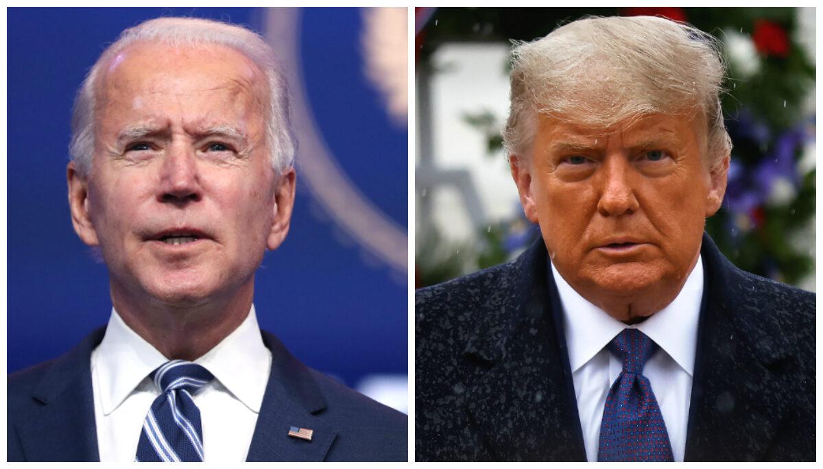 (L) Democratic presidential candidate Joe Biden addresses the media at the Queen Theater in Wilmington, Del., on Nov. 10, 2020. (Joe Raedle/Getty Images); (R) President Donald Trump turns after placing a wreath at the Tomb of the Unknown Solider as he attends a Veterans Day observance in the rain at Arlington National Cemetery in Arlington, Va., on Nov. 11, 2020. (Carlos Barria/Reuters)