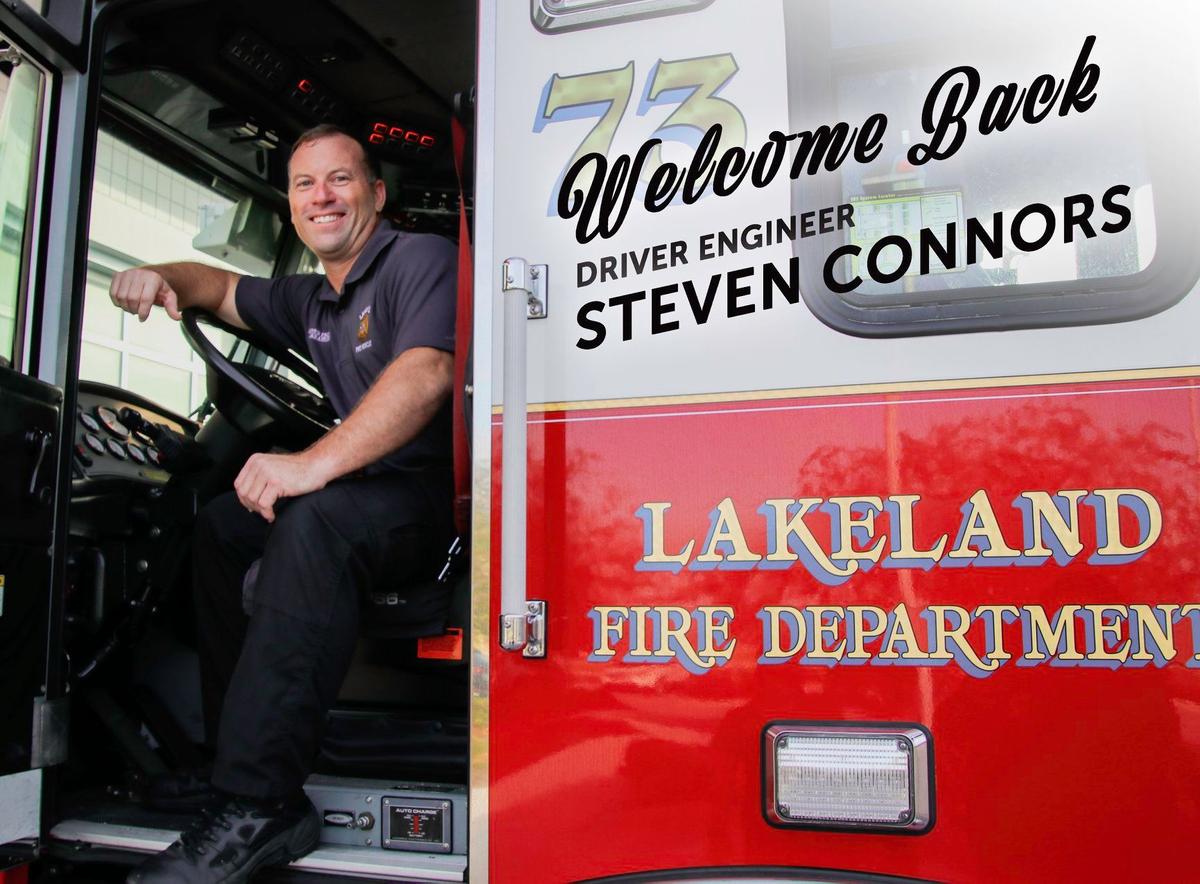 Steven Connors on his first day back on the job. (Courtesy of <a href="https://www.facebook.com/LakelandFD/">Lakeland Fire Department</a>)