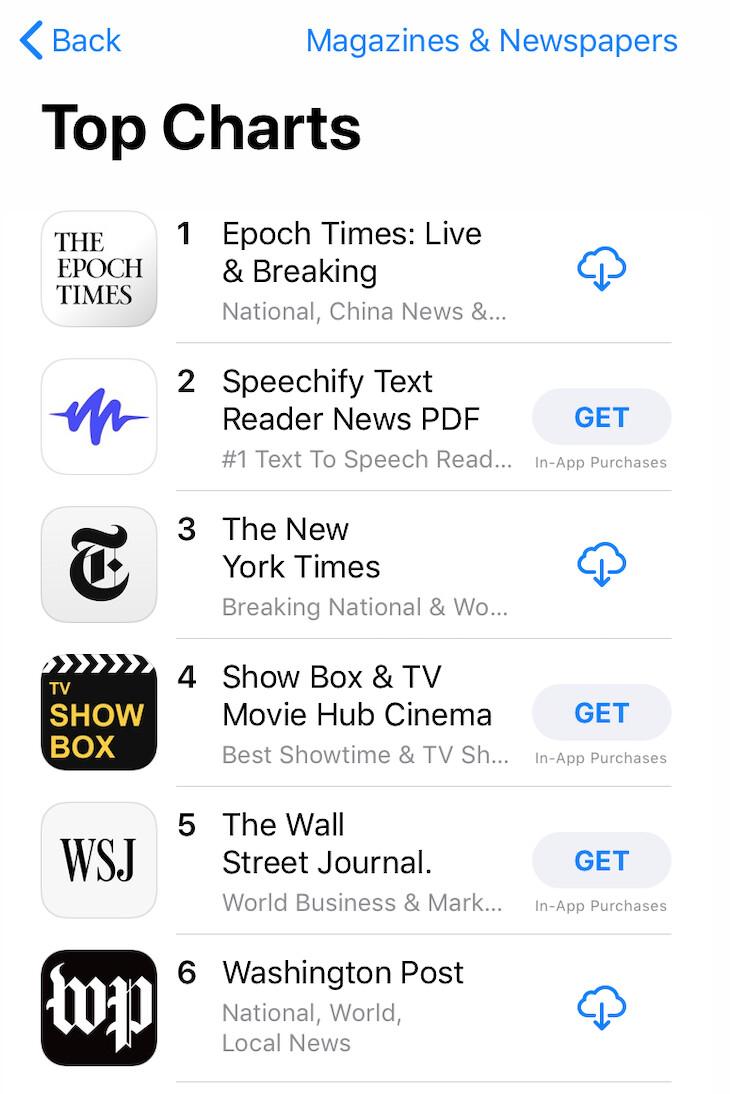 The Epoch Times iOS app ranked as #1 in the category of Magazine and Newspaper in the Apple store on Nov. 12, 2020. (Screenshot)