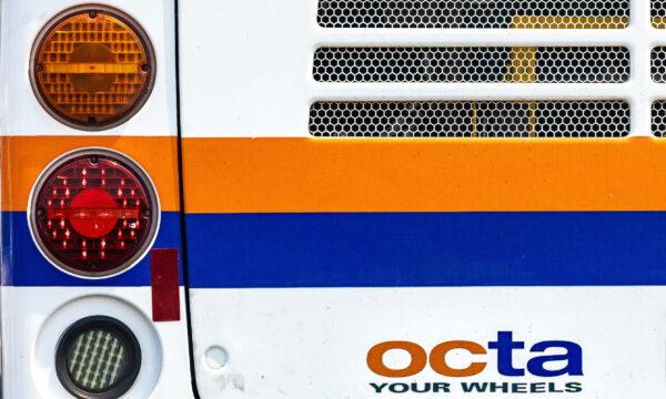 The back of an Orange County Transportation Authority (OCTA) bus is seen in Orange County, Calif., on Aug. 21, 2020. (John Fredricks/The Epoch Times)