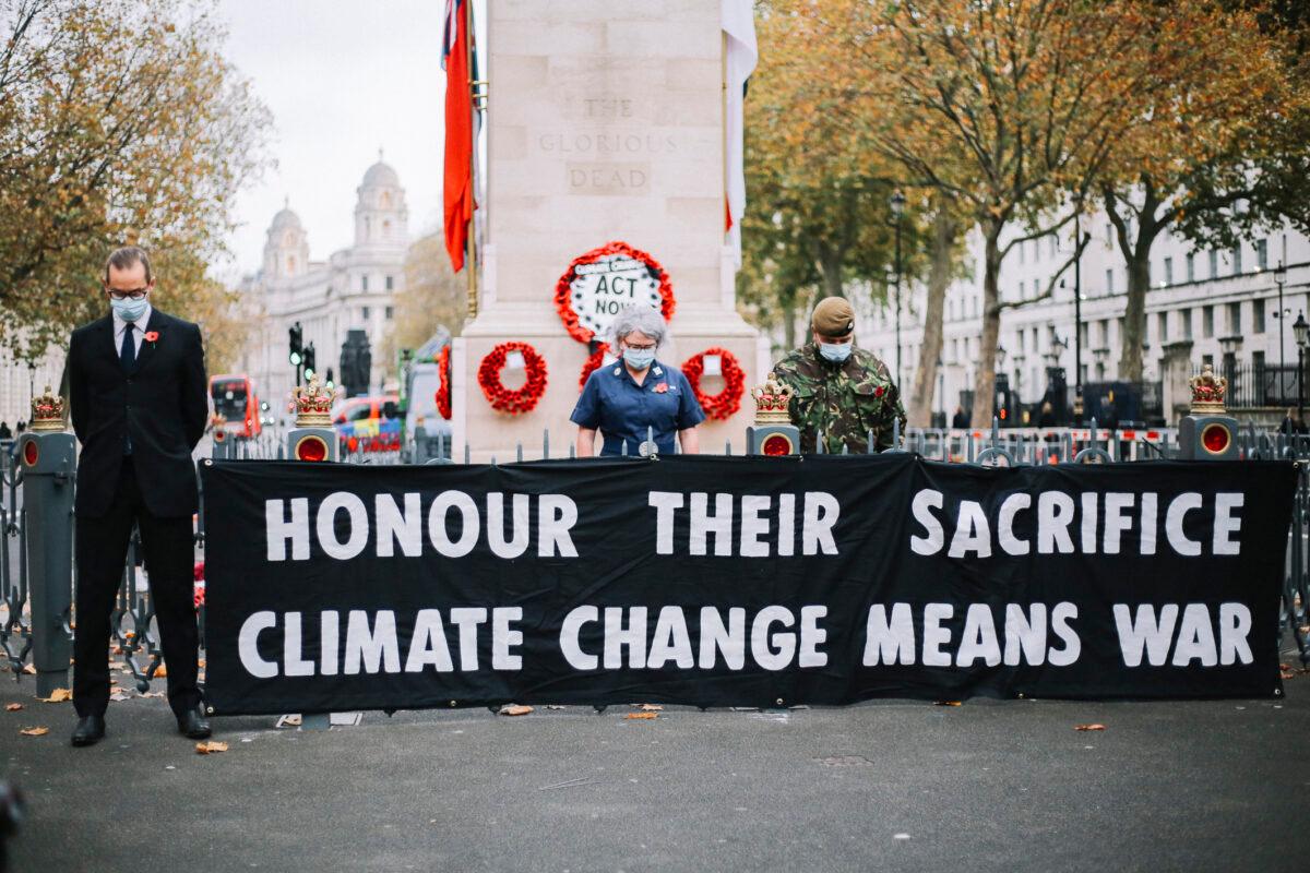 Extinction Rebellion activists carry out a protest on Nov. 11, 2020, at 8 a.m. at the Cenotaph war memorial in London. (Extinction Rebellion)
