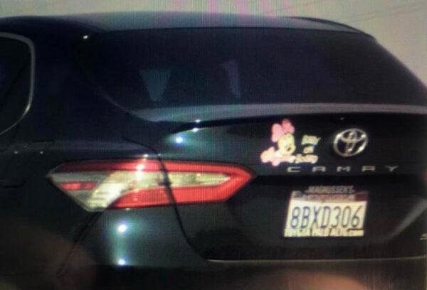 Anaheim police are looking for a black Toyota Camry with a Minnie Mouse sticker as part of a kidnapping investigation in Anaheim, Calif., on Nov. 9, 2020. (Courtesy of the Anaheim Police Department)