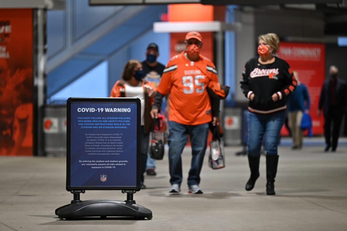 Signage inside FirstEnergy Stadium reminds fans of the dangers of COVID-19, before a football game in Cleveland, on Sept. 17, 2020. (Jamie Sabau/Getty Images)