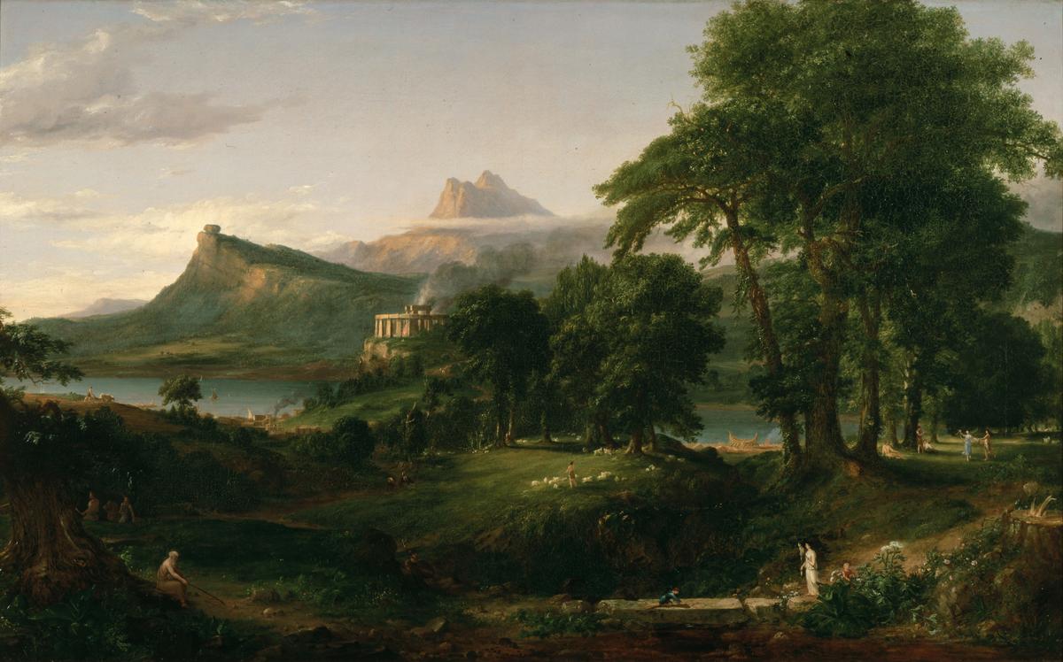 “The Course of Empire: The Arcadian or Pastoral State,” 1834, by Thomas Cole. Oil on Canvas, 39.5 inches by 63.5 inches. New York Historical Society. (Public Domain)