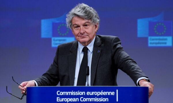 EU Internal Market Commissioner Thierry Breton holds a video news conference, to present a "White Paper" to better arm the EU against unfair competition from heavily subsidized foreign companies, at the European Commission in Brussels, on June 17, 2020. (Kenzo Tribouillard/Pool via Reuters)
