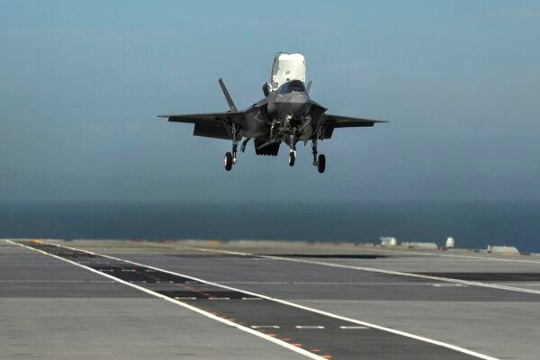 An F-35B lands onboard HMS Queen Elizabeth in Portsmouth, England, on Sept. 26, 2018. (PO Arron Hoare/Ministry of Defence via Getty Images)