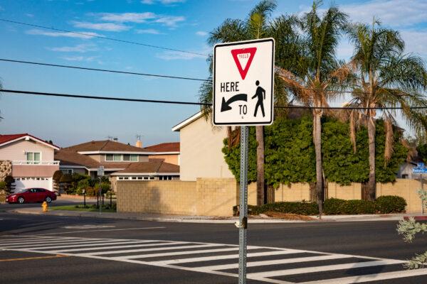 A crosswalk that has neighbors concerned for safety is seen in Huntington Beach, Calif., on Nov. 12, 2020. (John Fredricks/The Epoch Times)