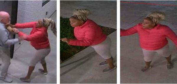 A series of screenshots taken from surveillance video shows a suspect wearing a pink coat confronting a man outside an apartment building in Santa Ana, Calif., on Oct. 21, 2020. (Courtesy of the Santa Ana Police Department)
