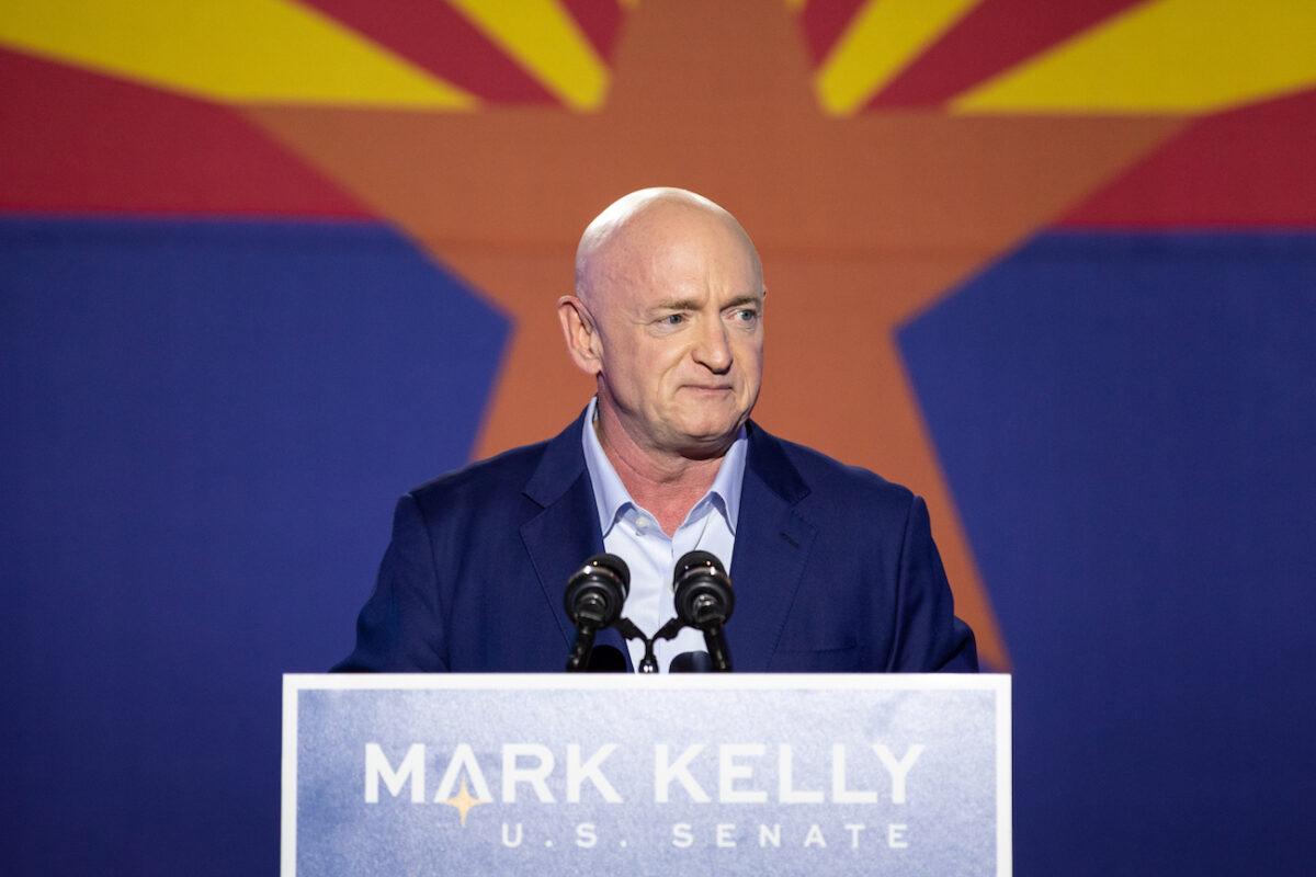 Sen. Mark Kelly (D-Ariz.) speaks to supporters during the election night event at Hotel Congress in Tucson, Ariz., on Nov. 3, 2020. (Courtney Pedroza/Getty Images)