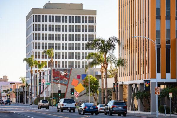 The 888 Tower office building (L), which will be turned into a residential complex, is seen from Main Street in downtown Santa Ana, Calif., on Nov. 13, 2020. (John Fredricks/The Epoch Times)
