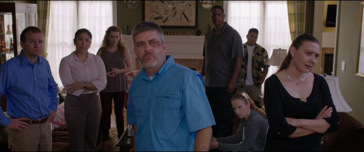 (L–R) James Cole, Liza Jaine, Rebeca Robles, Matt Chastain, Derrick Gilliam, Kasandra Bandfield, Matt Mercurio, and Rachel Sorensen play members of a Christian small church group, who’ve been used and betrayed, in “Small Group the Movie.” (Gathr Films/Ocean Avenue Entertainment)
