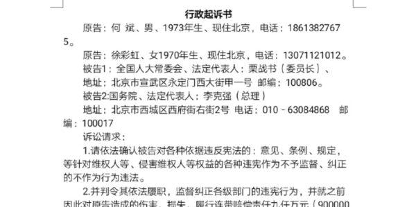 He Bin and Xu Caihong file a lawsuit with the country’s highest court, the Supreme People's Court, on Oct. 24, 2020. (Screenshot)