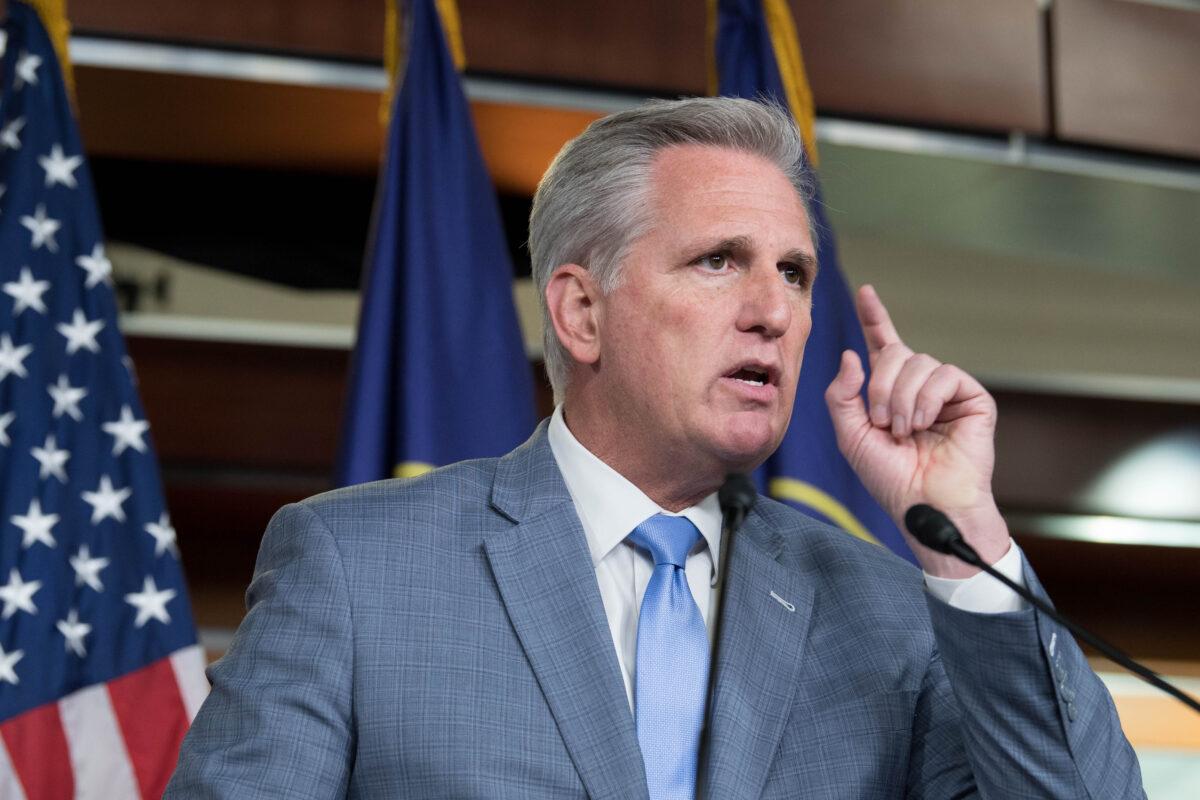 House Minority Leader Kevin McCarthy (R-Calif.) holds a weekly press conference at the Capitol in Washington on Sept. 24, 2020. (Liz Lynch/Getty Images)