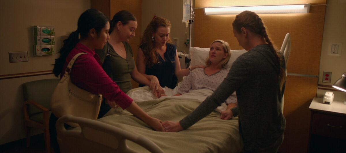 (L–R) Liza Jaine, Rachel Sorensen, Rebeca Robles, Emily Dunlop, and Kasandra Bandfield play the women of the Christian small church group in “Small Group the Movie.” (Gathr Films/Ocean Avenue Entertainment)