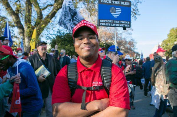 Roberto Joel Guttierez, a student from Boston, at the "Stop the Steal" Rally in Washington, on Nov. 14, 2020. (Lisa Fan/Epoch Times)