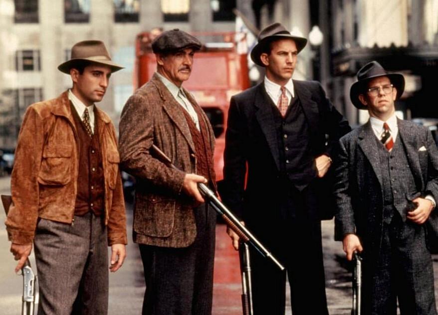 (L–R) Andy Garcia, Sean Connery, Kevin Costner, and Charles Martin Smith play incorruptible lawmen in "The Untouchables." (Paramount Pictures)