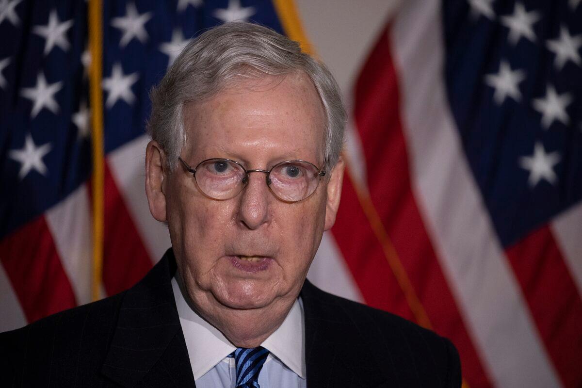 Senate Majority Leader Mitch McConnell (R-Ky.) speaks to reporters in Washington on Nov. 10, 2020. (Tasos Katopodis/Getty Images)