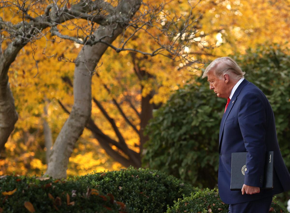 President Donald Trump walks to speak about Operation Warp Speed in the Rose Garden at the White House on Nov. 13, 2020. (Tasos Katopodis/Getty Images)
