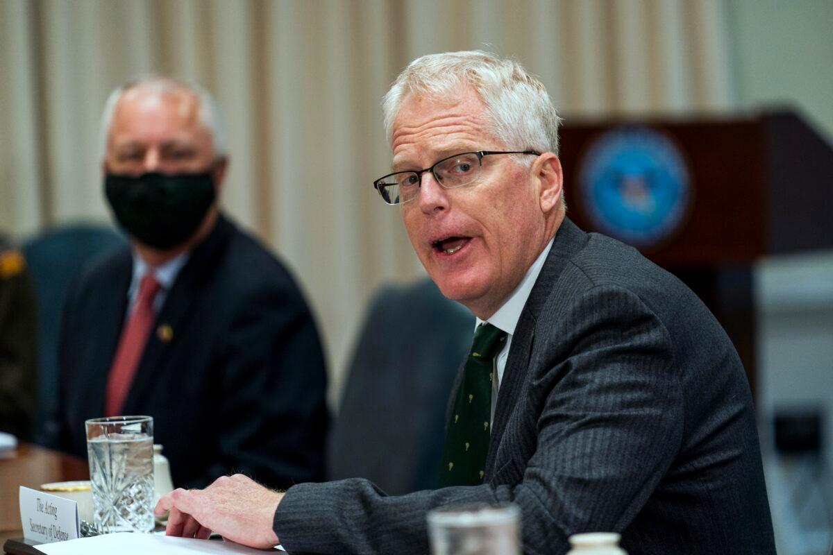 Acting Secretary of Defense Christopher Miller speaks during a meeting with Lithuanian Minister of National Defence Raimundas Karoblis at the Pentagon, on Nov. 13, 2020. (Manuel Balce Ceneta/AP Photo)