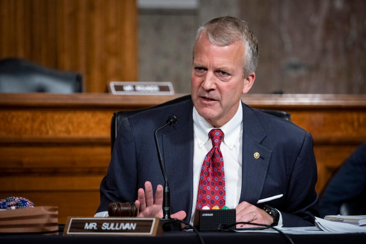Sen. Dan Sullivan (R-Alaska) speaks during a Senate Armed Services Committee confirmation hearing in Washington on May 7, 2020. (Al Drago/Pool/Getty Images)
