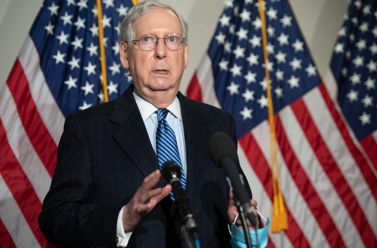Senate Majority Leader Mitch McConnell (R-Ky.) speaks to the media following the weekly Senate Republican lunch on Capitol Hill in Washington on Nov. 10, 2020. (Saul Loeb/AFP via Getty Images)