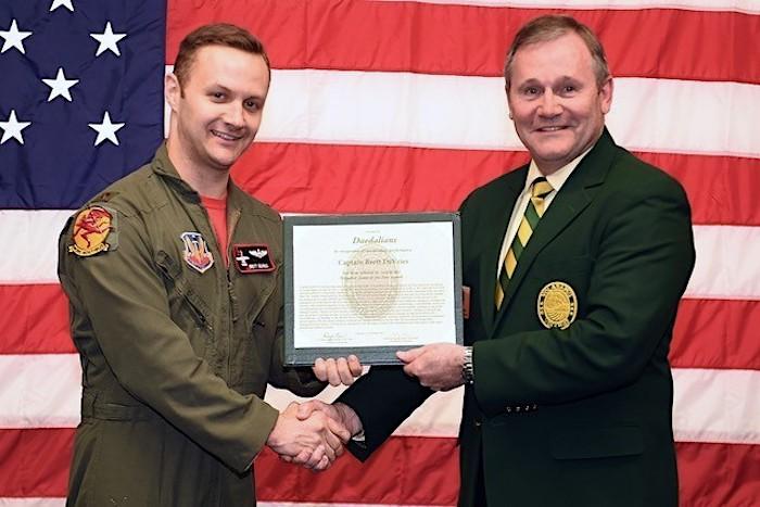 Then-Capt.Brett DeVries receives the Joe Foss Award for Excellence by Lt. Gen. (ret.) Douglas Owens, national commander of the Order of the Daedalians, at Michigan's Selfridge Air National Guard Base on March 3, 2018. (<a href="https://www.dvidshub.net/image/4184790/daedalian-award">Master Sgt. David Kujawa</a>/U.S. Air National Guard)
