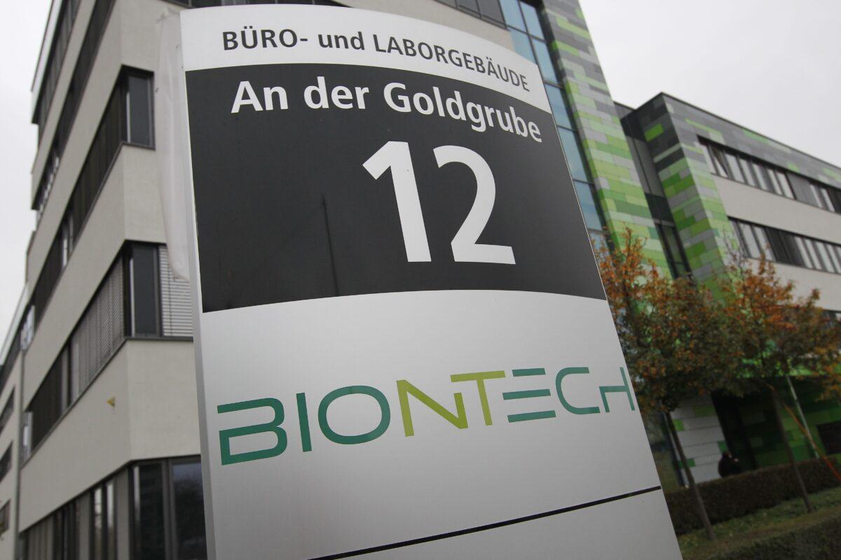 The logo of German company BioNTech is pictured at the company's headquarters in Mainz, western Germany, on Nov. 12, 2020. (Daniel Roland/AFP via Getty Images)
