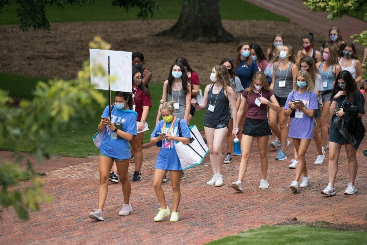 College students participate in a sorority activity at the University of South Carolina in Columbia, S.C., on Aug. 10, 2020. (Sean Rayford/Getty Images)