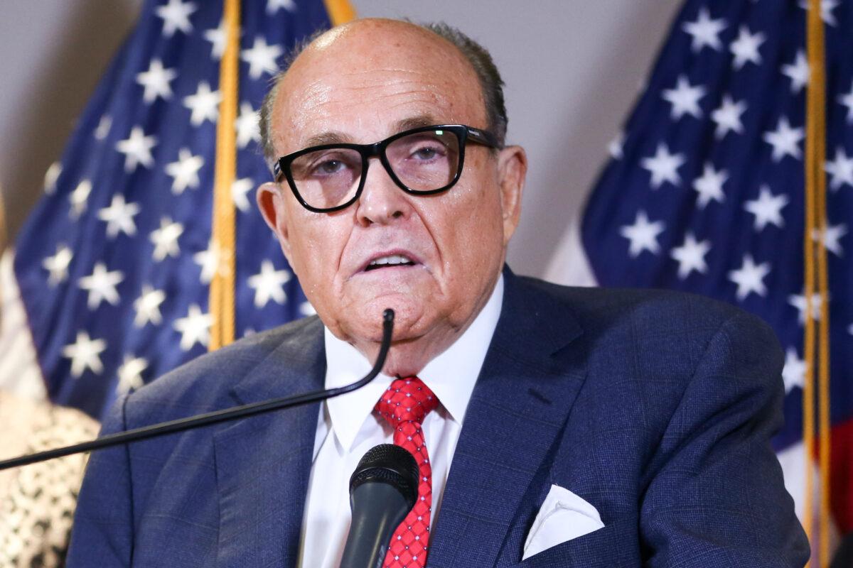 President Donald Trump lawyer and former New York City Mayor Rudy Giuliani at the Republican National Committee headquarters in Washington on Nov. 19, 2020. (Charlotte Cuthbertson/The Epoch Times)