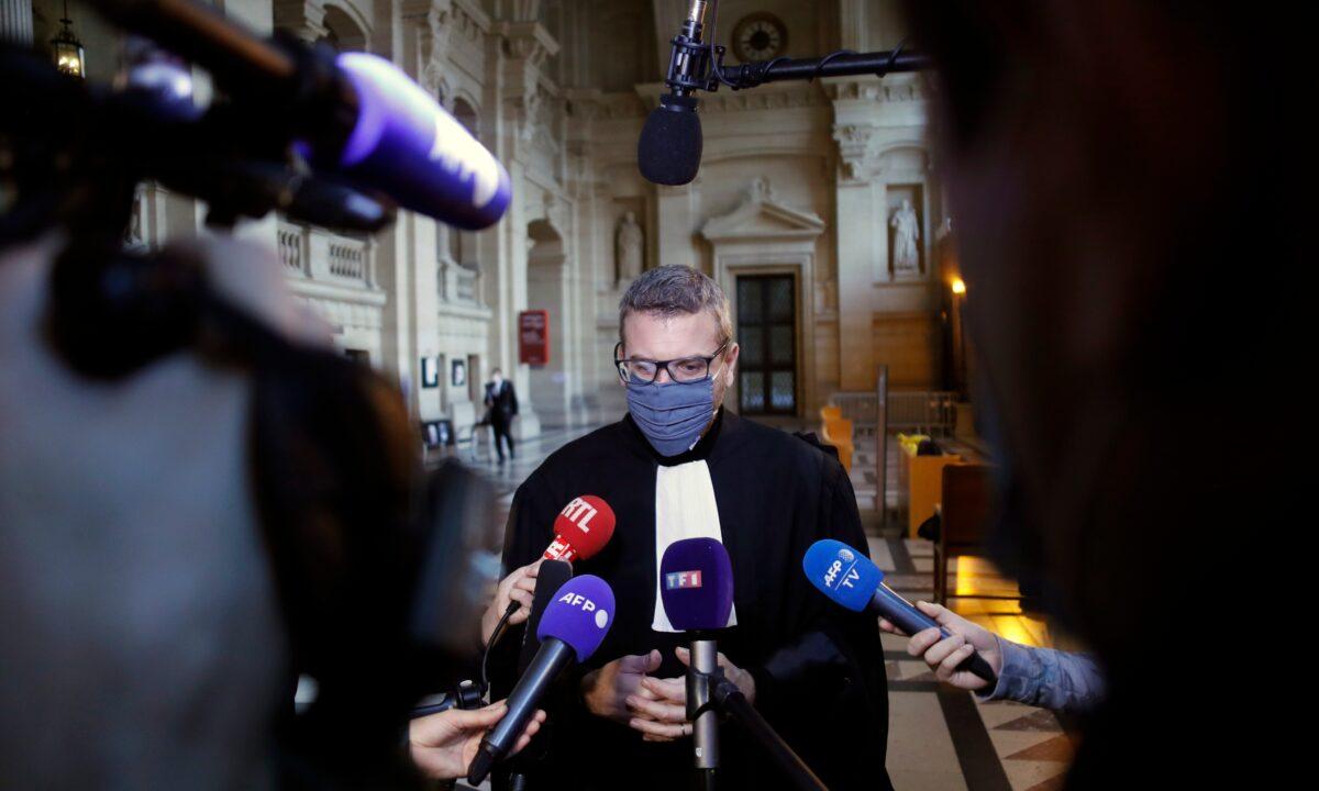 French lawyer Thibault de Montbrial, who is representing U.S. soldiers who foiled a terror attack on an Amsterdam-Paris train in 2015, speaks to media on the opening day of the Thalys attack trial, at the Paris courthouse, on Nov. 16, 2020. ISIS terrorist operative Ayoub El Khazzani goes on trial Monday Nov. 16, 2020, in France on terror charges for appearing on a train with an arsenal of weapons and shooting one passenger in 2015. (Thibault Camus/AP Photo)