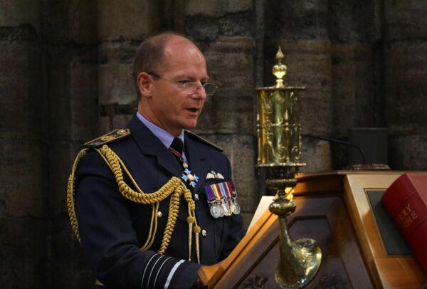 Air Chief Marshal Mike Wigston speaks during a service marking the 80th anniversary of the Battle of Britain at Westminster Abbey in central London on Sept. 20, 2020. (Aaron Chown/Pool/AFP via Getty Images)