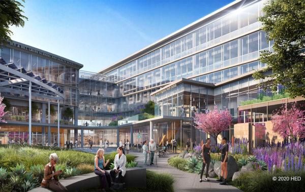 A rendering shows the courtyard of the new University of California–Irvine Health Sciences and Nursing School complex in Irvine, Calif. (Courtesy of HED)