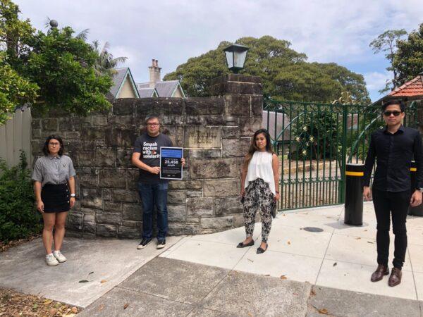 GetUp and Asian Australian Alliance activists at Kirribilli House on Nov. 12, 2020 (Supplied)