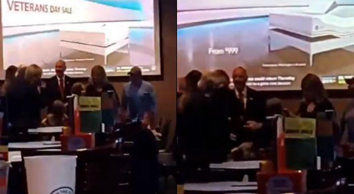 In these still images from video, Nebraska Gov. Pete Ricketts is seen without a mask while speaking to others inside a restaurant on Nov. 3, 2020. (Courtesy of Karina Montanez)