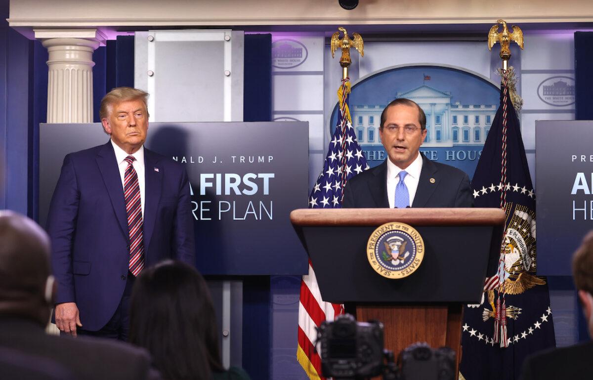 Secretary of Health and Human Services Alex Azar speaks to the press in the James Brady Press Briefing Room at the White House in Washington, on Nov. 20, 2020. (Tasos Katopodis/Getty Images)