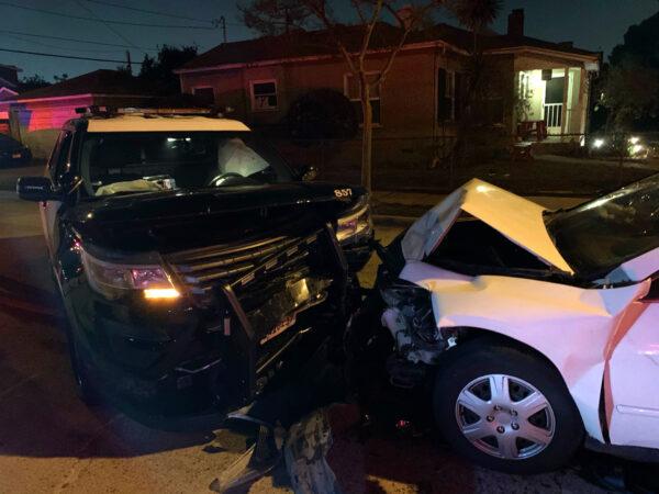 A Santa Ana Police Department SUV shows significant damage after a car driven by a man suspected of DUI crashed into it in Santa Ana, Calif., on Nov. 20, 2020. (Courtesy of the Santa Ana Police Department)