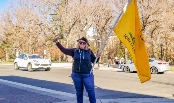 Amy Price-Fanter attends the Stop the Steal and Recall Nevada Governor Steve Sisolak rally in Carson City, Nev., on Nov. 21, 2020. (Andy Ellsmore/The Epoch Times)