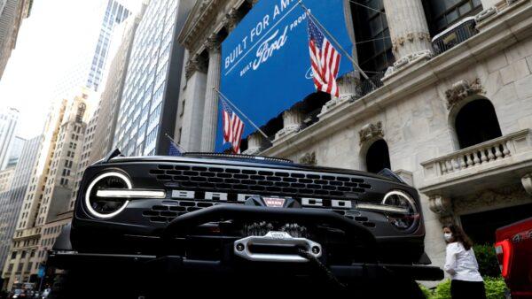 A Ford Motor Co. Bronco is seen outside the New York Stock Exchange (NYSE) in New York City, on Aug. 17, 2020. (Brendan McDermid/Reuters)