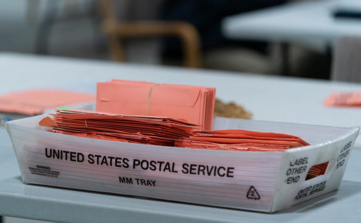 Provisional ballots are seen in a postal service tray at the Gwinnett County Board of Voter Registrations and Elections offices on in Lawrenceville, Ga., on Nov. 7, 2020. (Elijah Nouvelage/Getty Images)